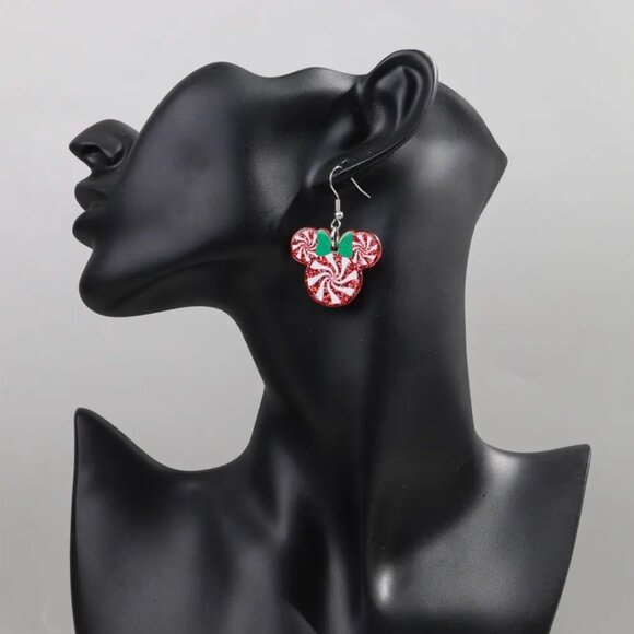 Minnie Mouse Red Peppermint Swirl Dangle Drop Earrings NEW - Picture 2 of 6